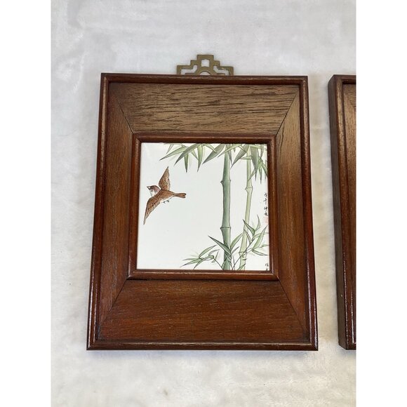 Vintage Signed Chinese Hand Painted Landscape Porcelain Tiles Birds Brass Hanger - Picture 2 of 10